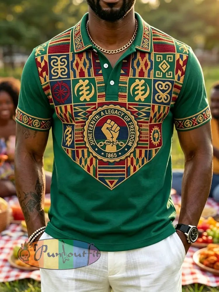 Men’s Retro Juneteenth Geometric Casual Polo Shirt