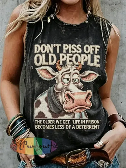 Women’s Retro Don’t Piss Off Old Peopel Print Sleeveless Tank Top