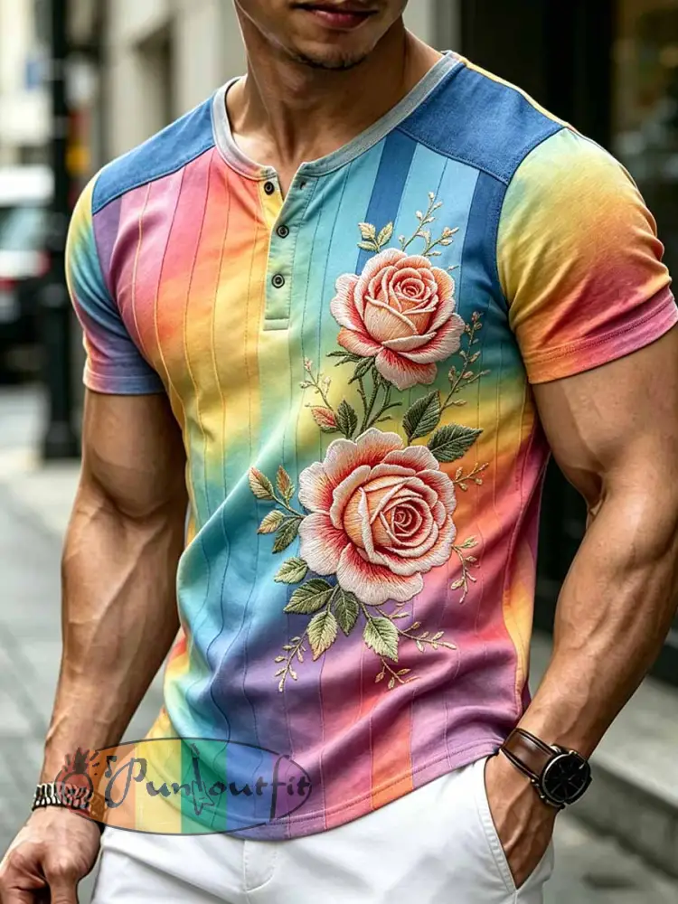 Men’s Rainbow Floral Art Printed T-Shirt