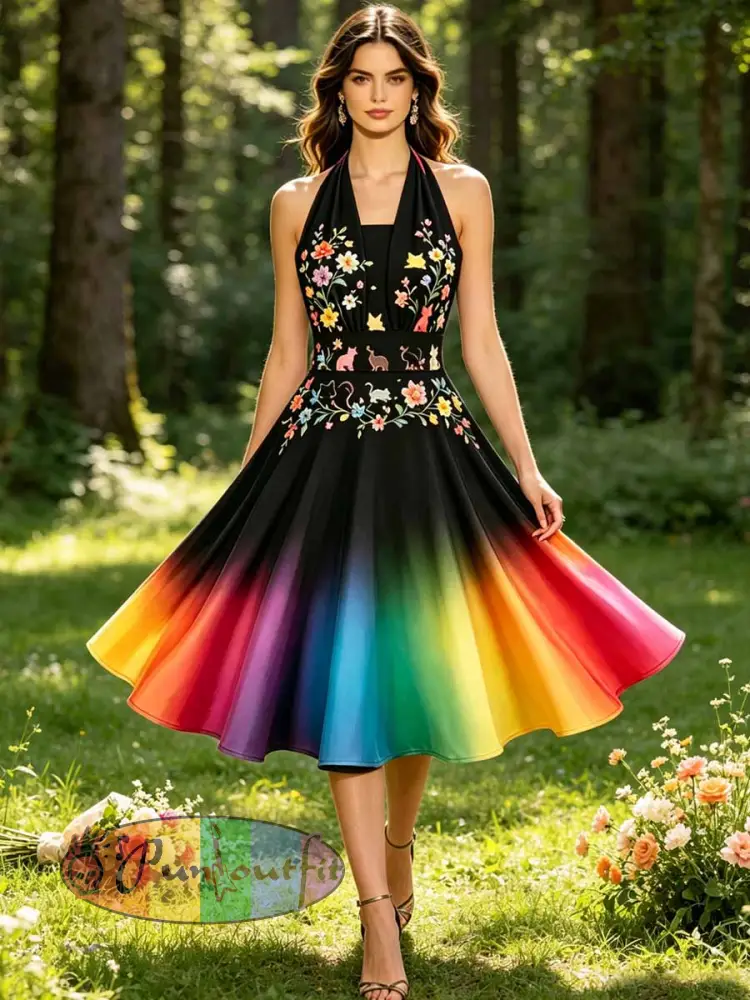 Women’s Rainbow Floral Art Printed Dress