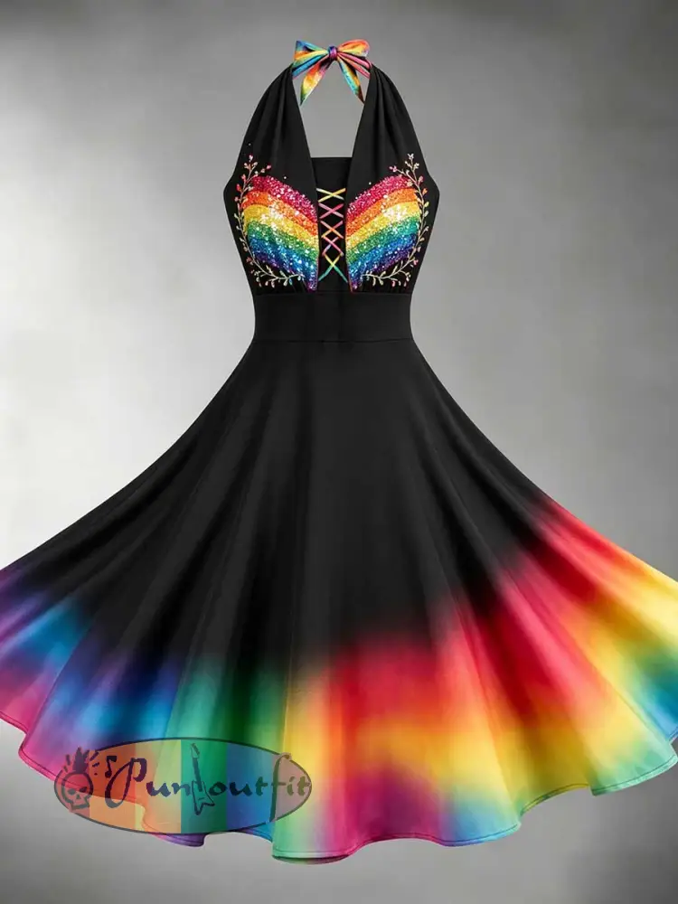 Women’s Rainbow Floral Art Printed Dress