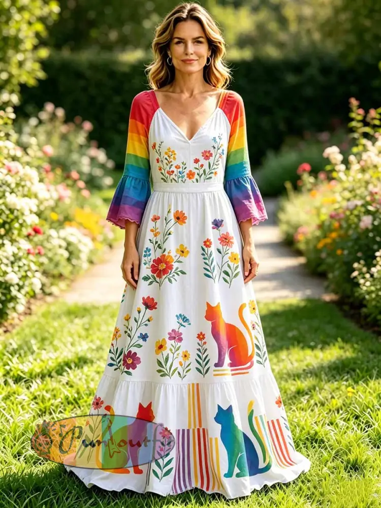 Women’s Rainbow Floral Art Printed Dress