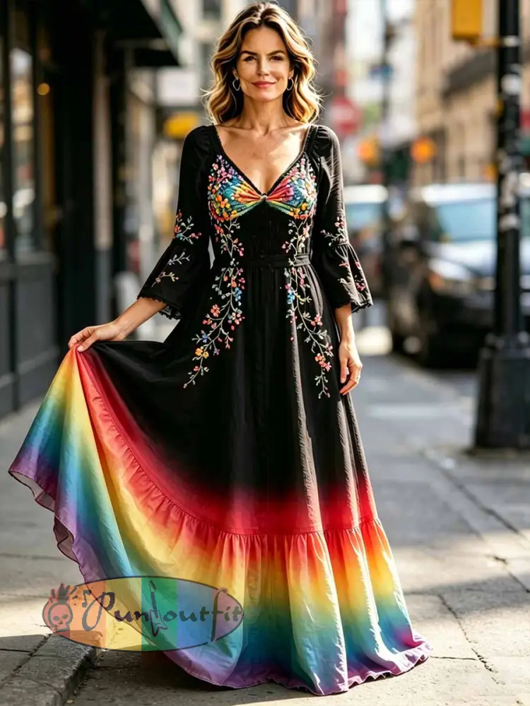 Women’s Rainbow Floral Art Printed Dress