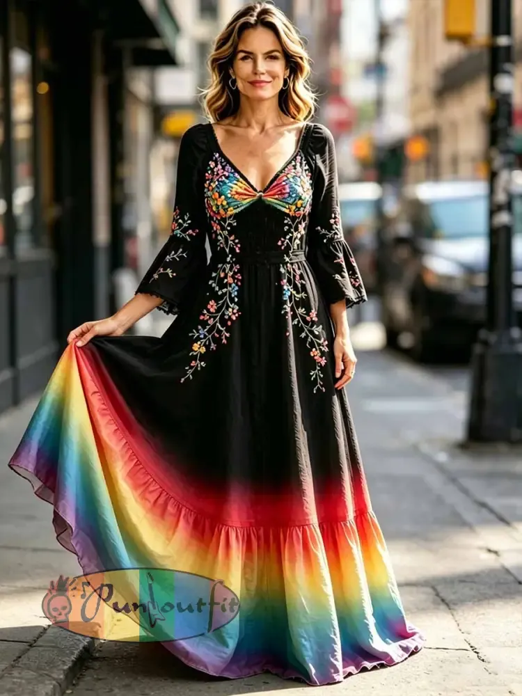 Women’s Rainbow Floral Art Printed Dress