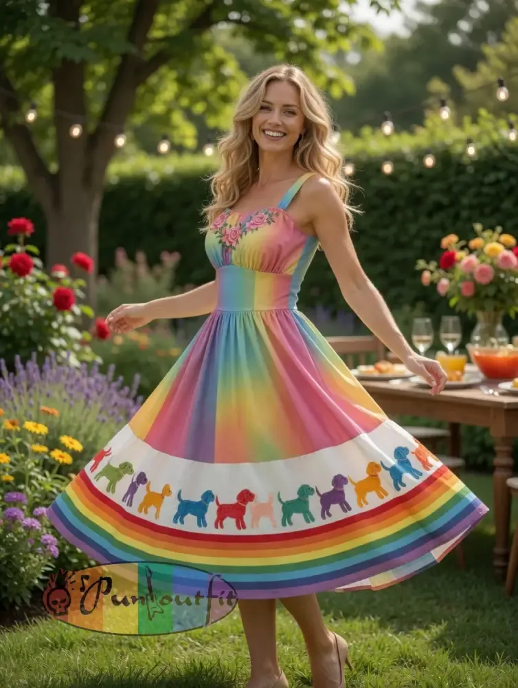 Women’s Rainbow Floral Dog Art Printed Dress