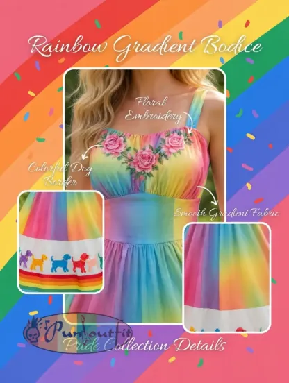 Women’s Rainbow Floral Dog Art Printed Dress