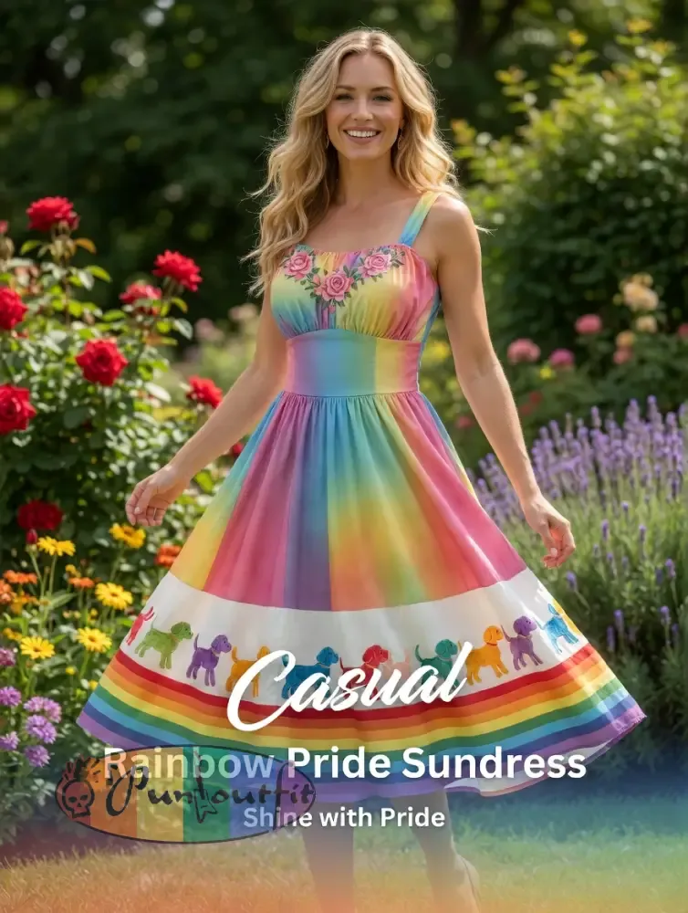 Women’s Rainbow Floral Dog Art Printed Dress