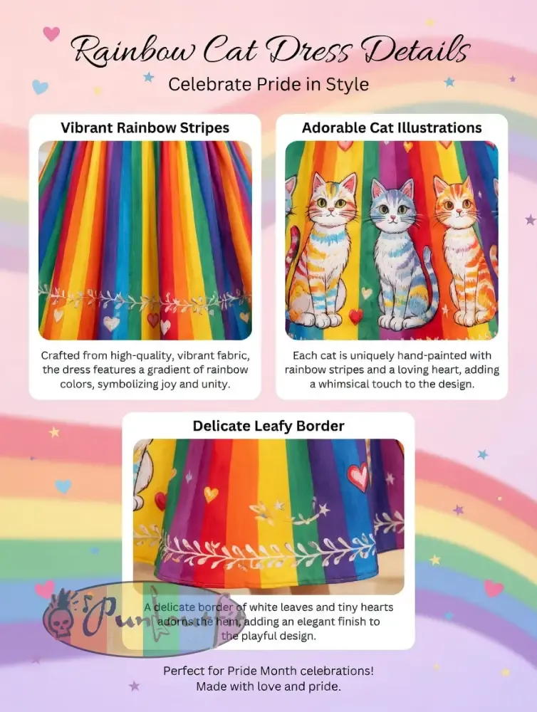 Women’s Rainbow Floral Cat Art Printed Dress