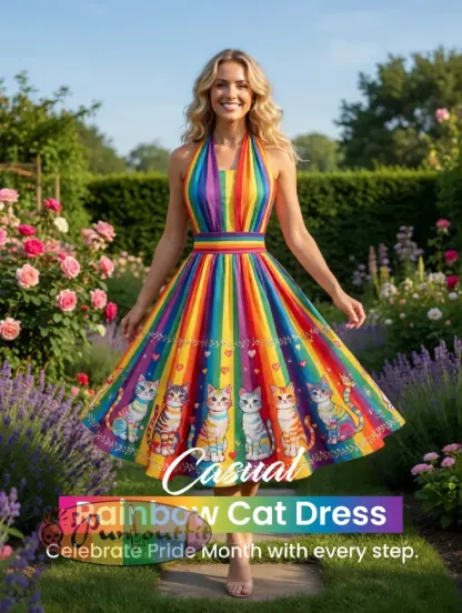 Women’s Rainbow Floral Cat Art Printed Dress