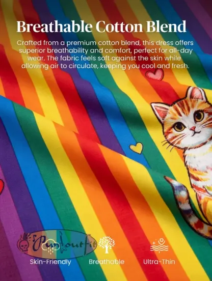 Women’s Rainbow Floral Cat Art Printed Dress