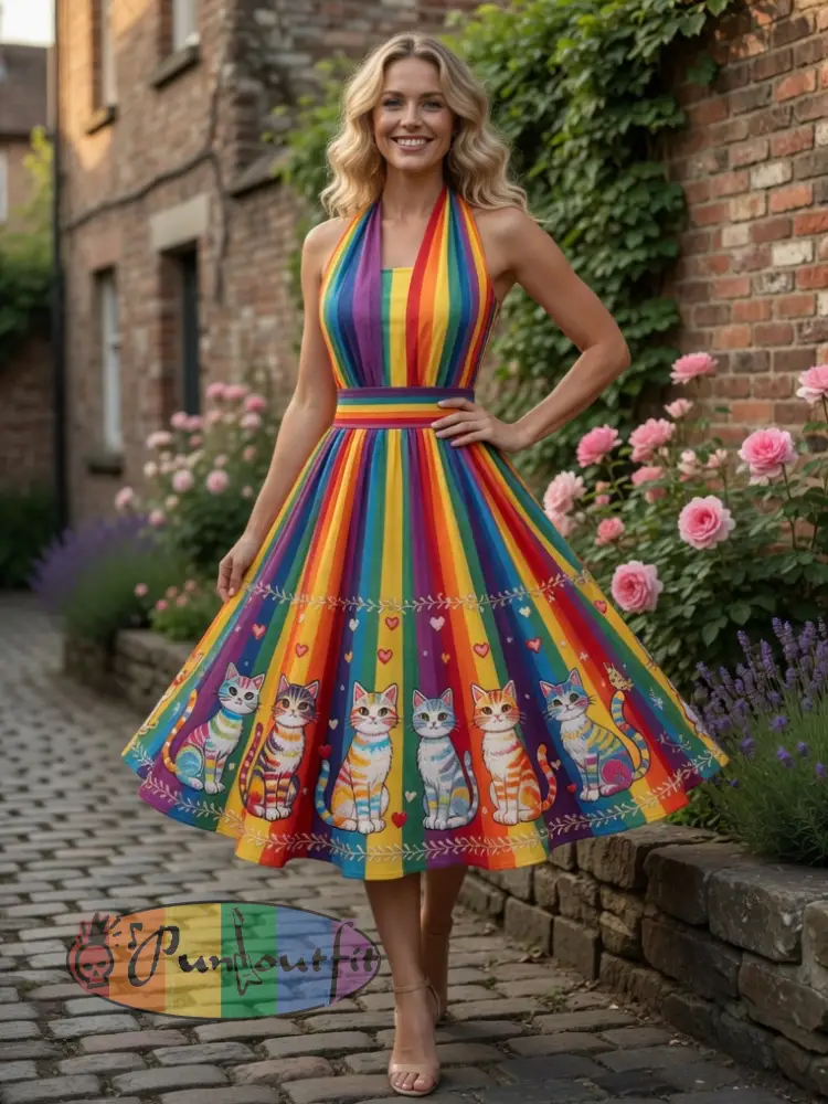 Women’s Rainbow Floral Cat Art Printed Dress