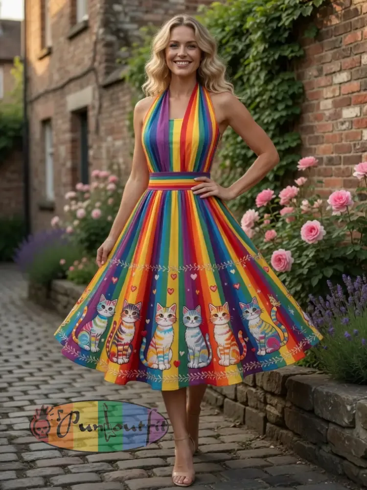 Women’s Rainbow Floral Cat Art Printed Dress
