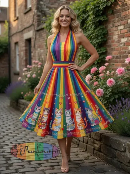 Women’s Rainbow Floral Cat Art Printed Dress