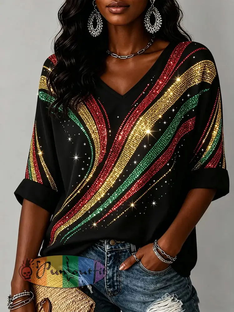 Women’s Juneteenth Print V-Neck Tee - Black · S