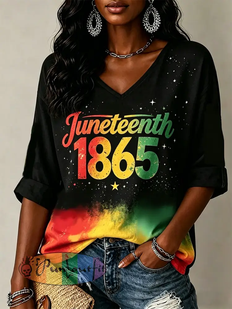 Women’s Juneteenth Print V-Neck Tee - Black · S