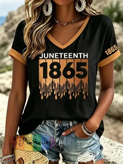 Women’s Juneteenth Print Casual V-Neck Tee
