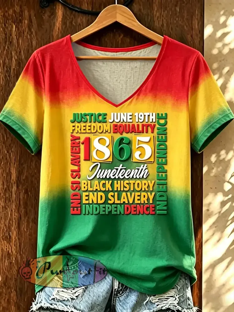 Women‘s Juneteenth Print Casual V-Neck Tee