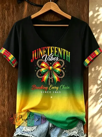 Women‘s Juneteenth Breaking Every Chain Since 1865 Print Casual V-Neck Tee