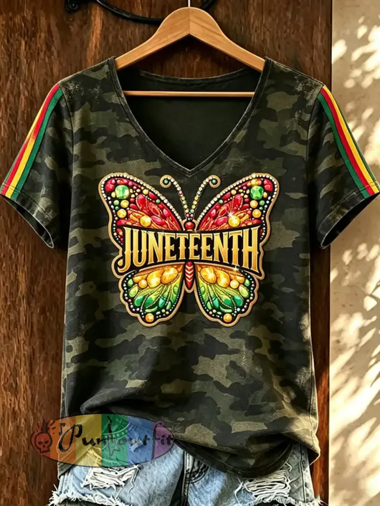 Women’s Juneteenth Print Casual V-Neck Tee