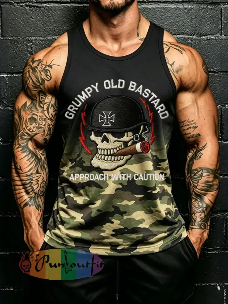 Men’s ’grumpy old bastard approach with caution’ camo vests