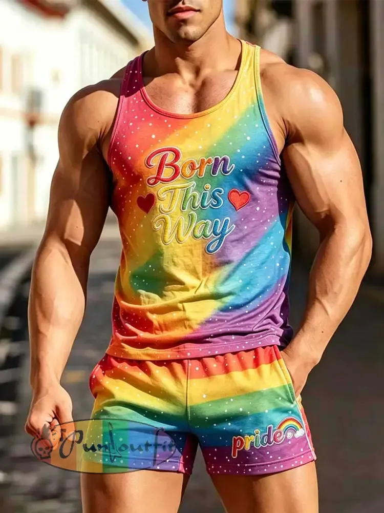 Men’s Rainbow Art Print Casual Vest Set