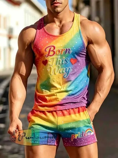Men’s Rainbow Art Print Casual Vest Set