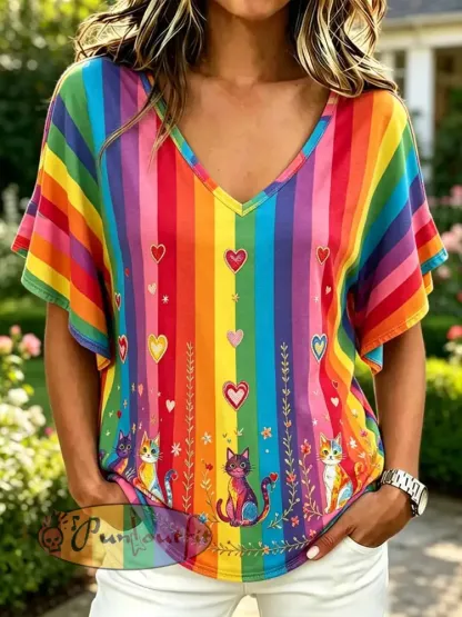 Women’s Rainbow Art Pattern Printed Casual T-Shirt