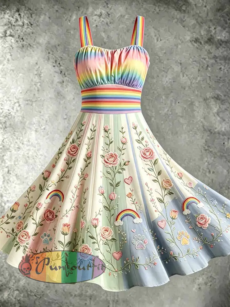Women’s Fashion Rainbow Art Pattern Printed Dress