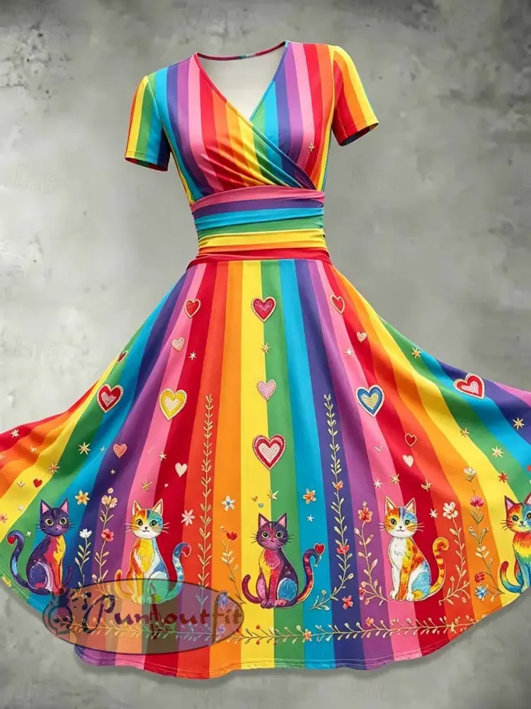 Women’s Fashion Rainbow Art Pattern Printed Dress