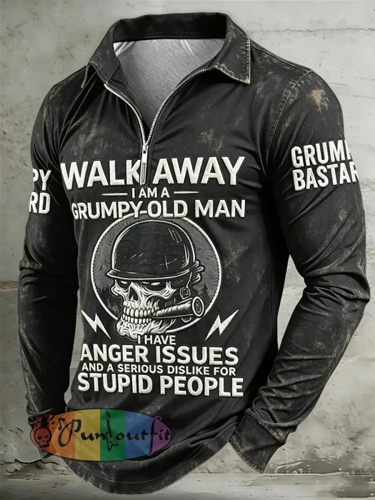 Men’s Old Fuckers Club Printed Half Zipper Lapel Long Sleeved Polo