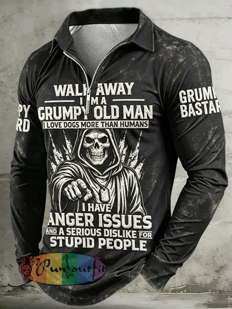 Men’s Old Fuckers Club Printed Half Zipper Lapel Long Sleeved Polo
