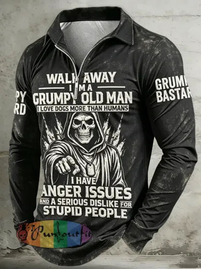 Men’s Old Fuckers Club Printed Half Zipper Lapel Long Sleeved Polo