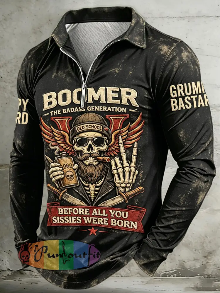 Men’s Old Fuckers Club Printed Half Zipper Lapel Long Sleeved Polo