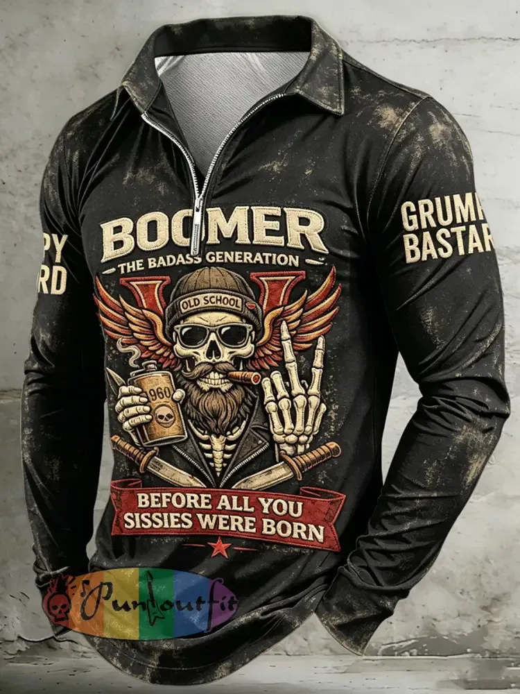 Men’s Old Fuckers Club Printed Half Zipper Lapel Long Sleeved Polo