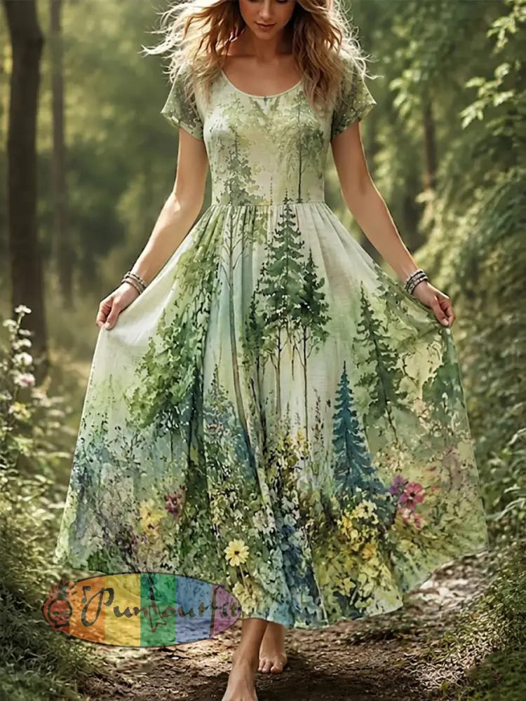 Women’s Forest Print Cotton-Linen Dress