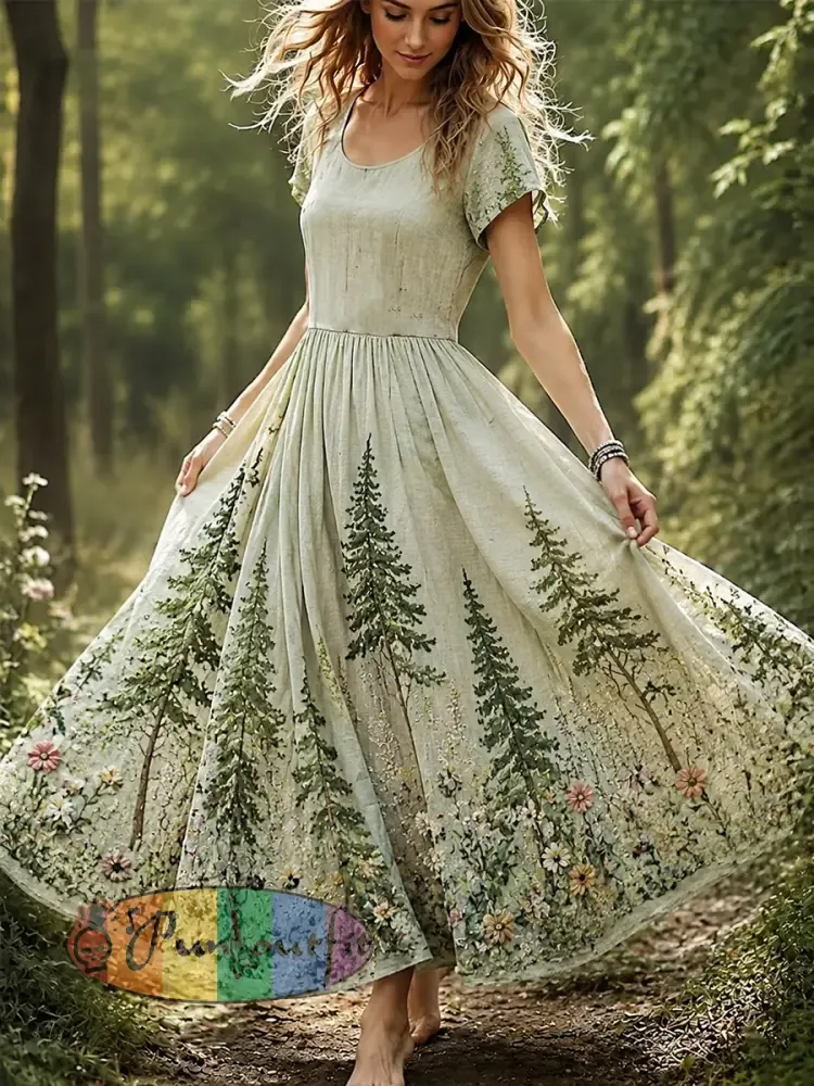 Women’s Forest Print Cotton-Linen Dress