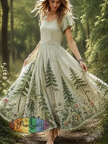 Women’s Forest Print Cotton-Linen Dress