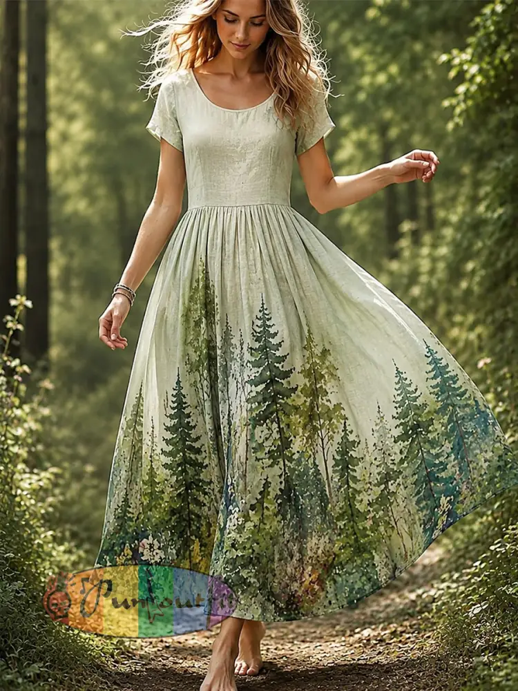 Women’s Forest Print Cotton-Linen Dress