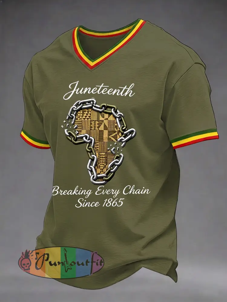 Men’s Juneteenth Breaking Every Chain Since 1865 Print V-Neck Tee - Army Green · S