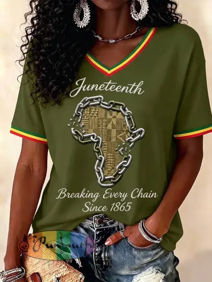 Women’s Juneteenth Breaking Every Chain Since 1865 Print V-Neck Tee