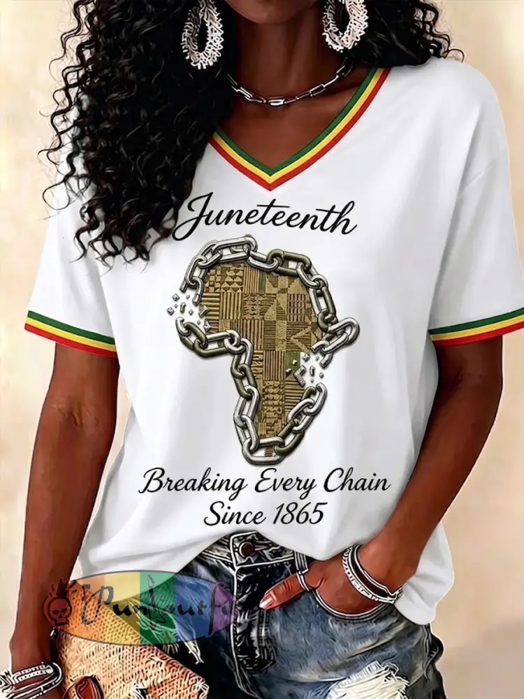 Women’s Juneteenth Breaking Every Chain Since 1865 Print V-Neck Tee