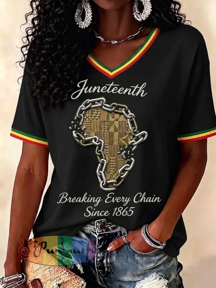 Women’s Juneteenth Breaking Every Chain Since 1865 Print V-Neck Tee