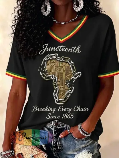 Women’s Juneteenth Breaking Every Chain Since 1865 Print V-Neck Tee