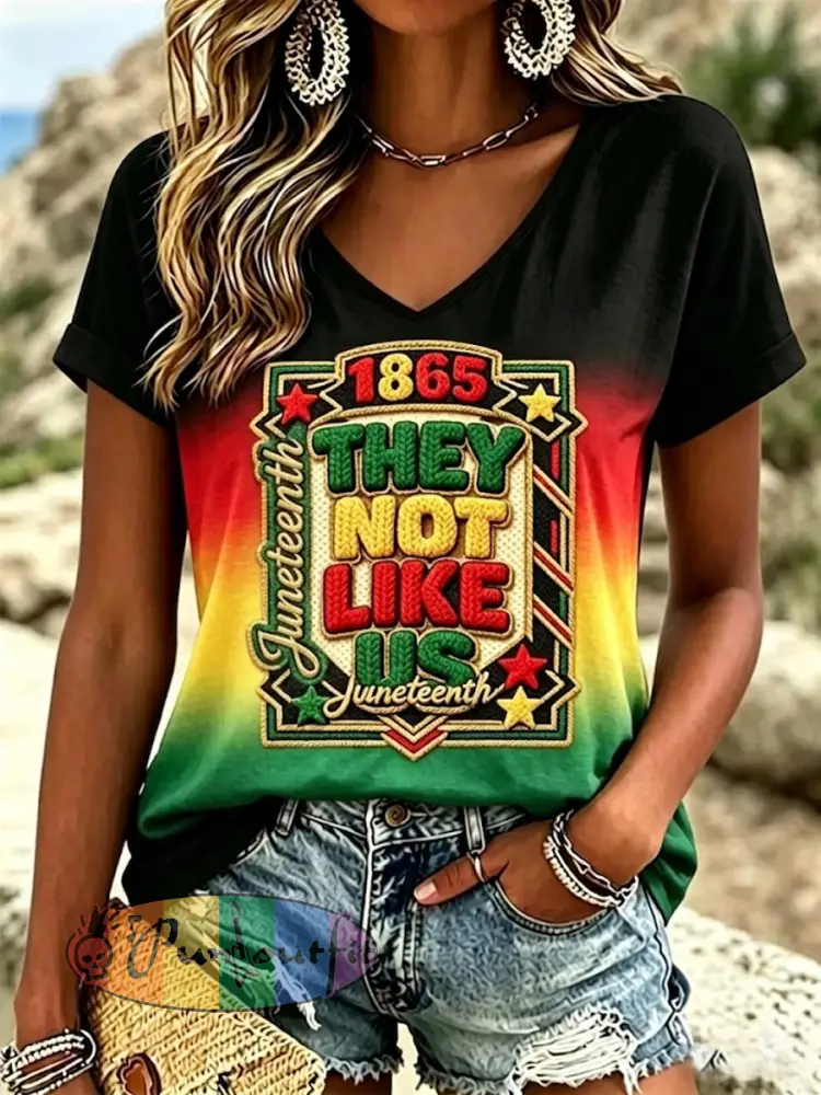 Women’s Juneteenth They Not Like Us Print V-Neck Tee - Black · S