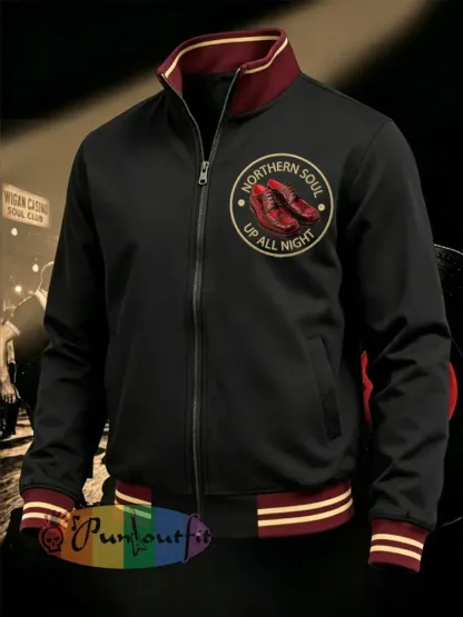 Men’s Retro Northern Soul Up All Night Print Casual Zipper Sweatshirt - Black · S