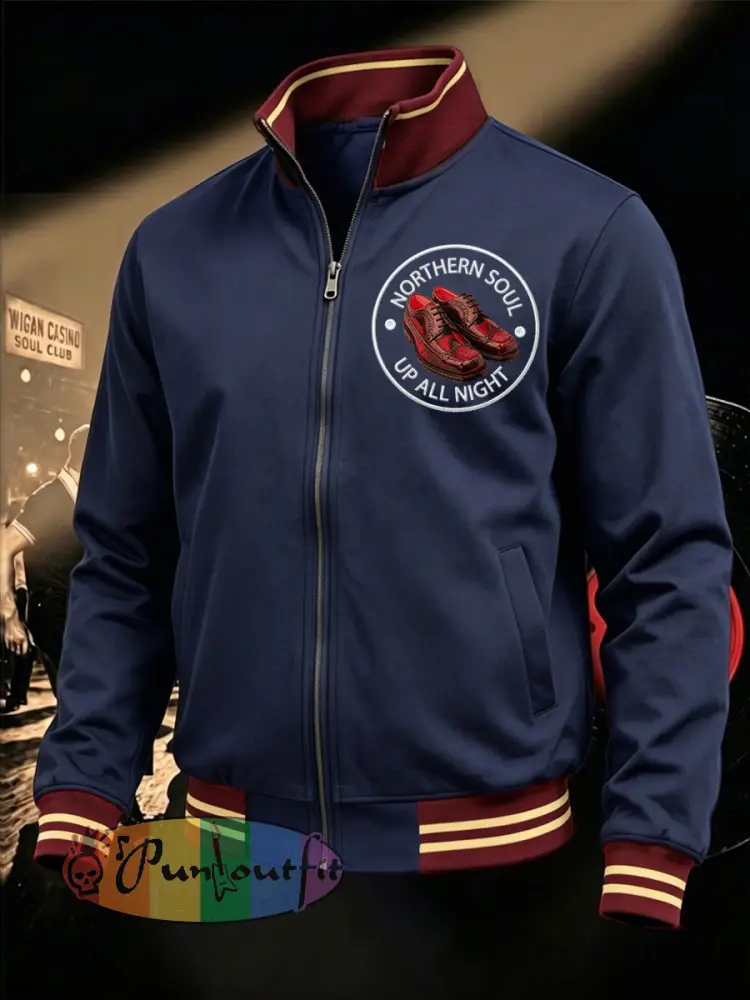 Men’s Retro Northern Soul Up All Night Print Casual Zipper Sweatshirt - Deep Blue · S