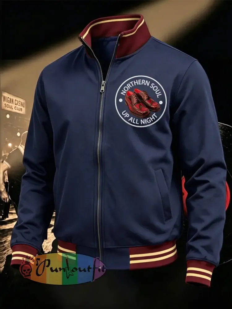 Men’s Retro Northern Soul Up All Night Print Casual Zipper Sweatshirt - Deep Blue · S
