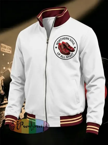 Men’s Retro Northern Soul Up All Night Print Casual Zipper Sweatshirt - White · S