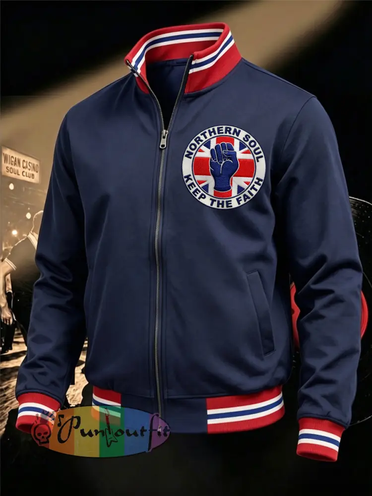 Men’s Retro Northern Soul Keep The Faith Print Casual Zipper Sweatshirt - Deep Blue · S