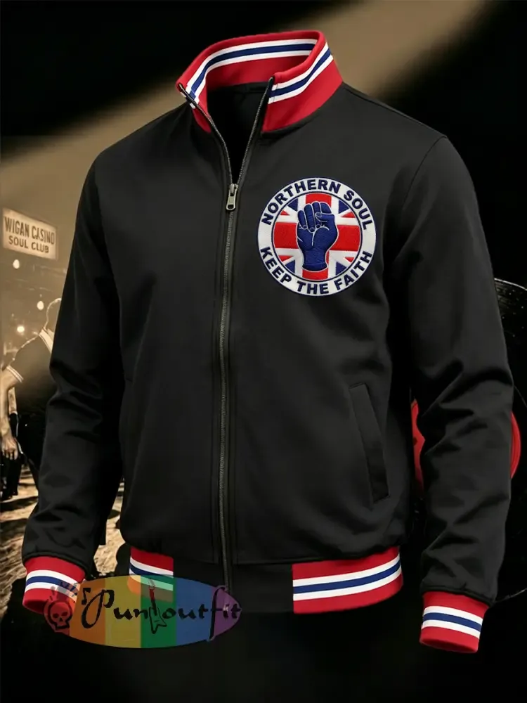 Men’s Retro Northern Soul Keep The Faith Print Casual Zipper Sweatshirt - Black · S